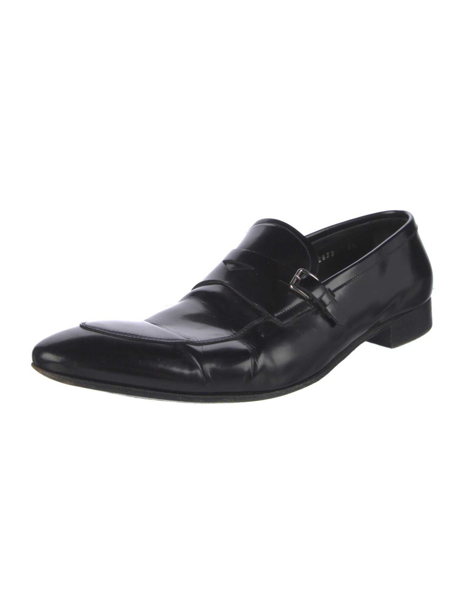 Prada Enameled Metal Triangle Leather Dress Loafers